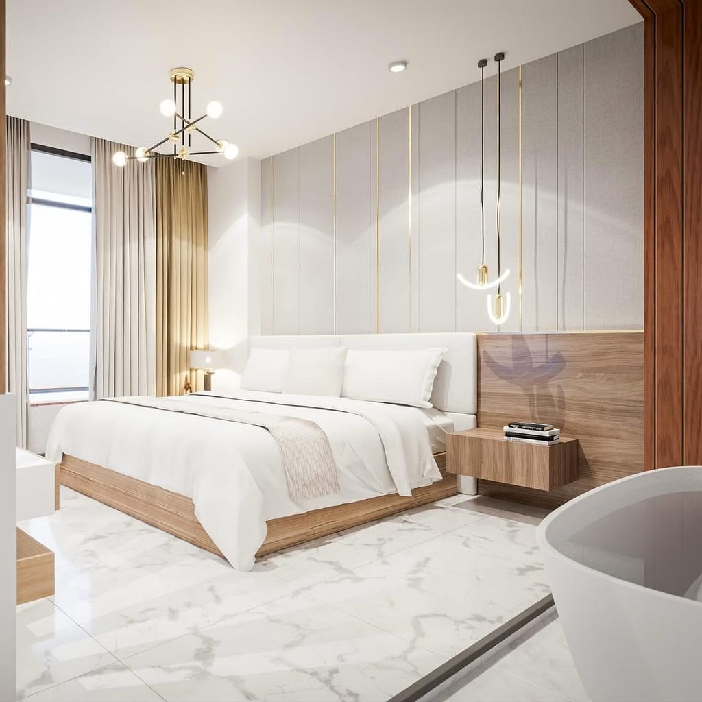 A modern, minimalist bedroom with a wooden bed frame, white bedding, bedside tables, marble floor, floor-to-ceiling curtains, pendant lights, and a freestanding bathtub in the foreground.