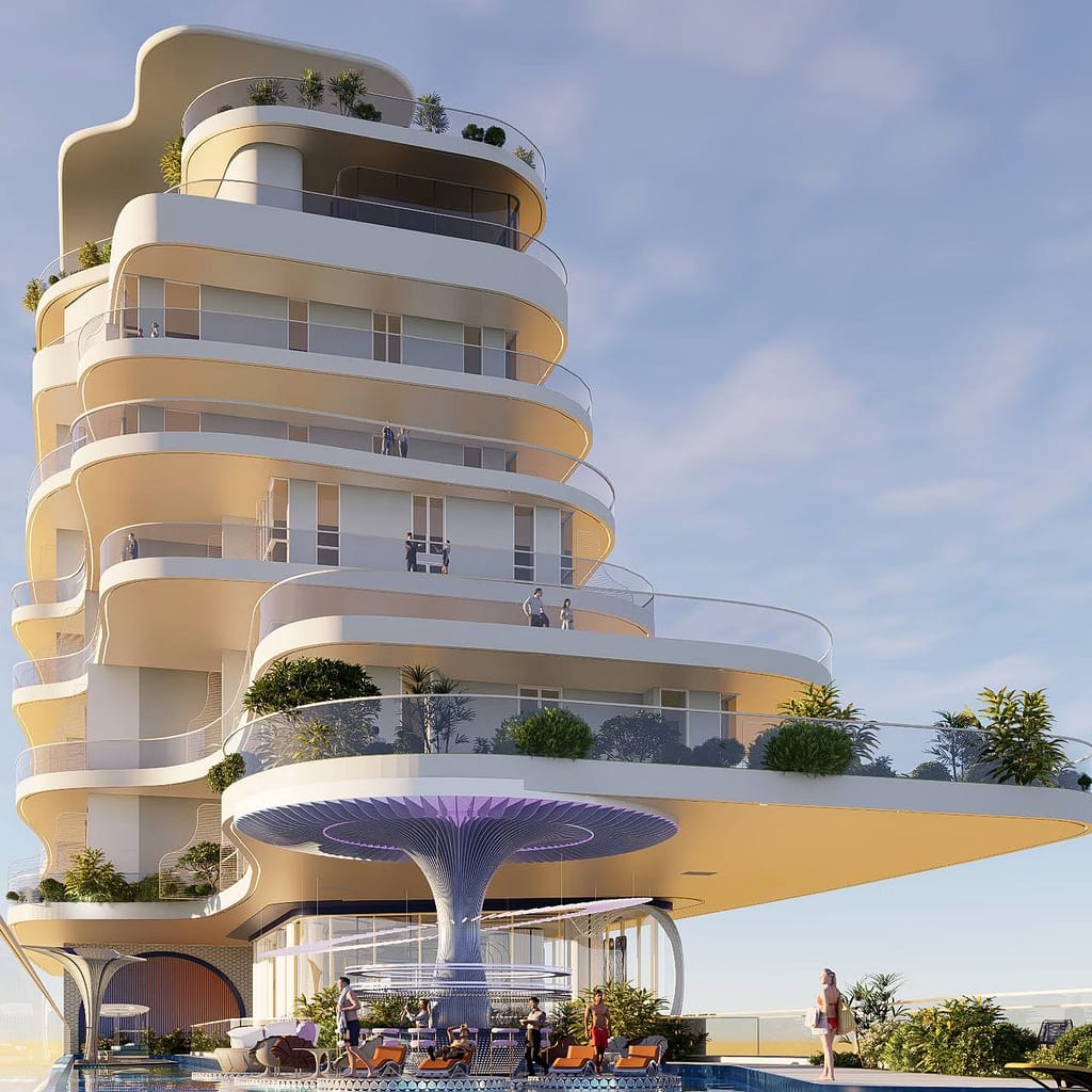 A modern, multi-story building with curving balconies, lush greenery, and an outdoor lounge area featuring a futuristic, umbrella-like structure, under a blue sky. People are relaxing by a pool in the foreground.