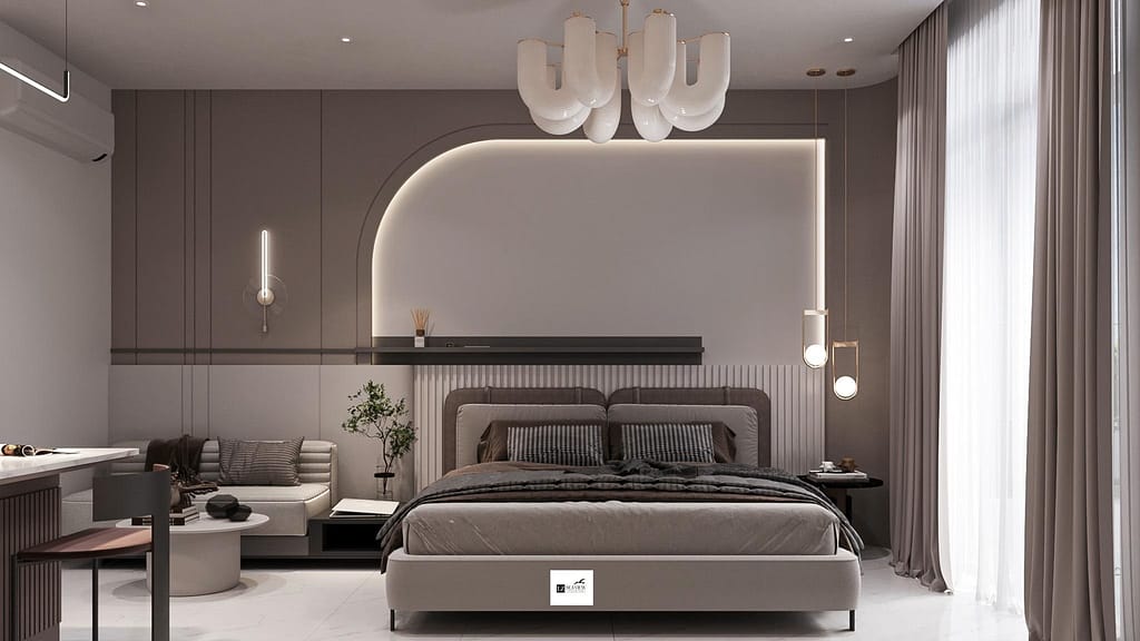 A modern bedroom with neutral tones, a large bed with gray bedding, minimalist lighting fixtures, a cozy seating area, floor-to-ceiling curtains, and sleek decor under soft, ambient lighting.